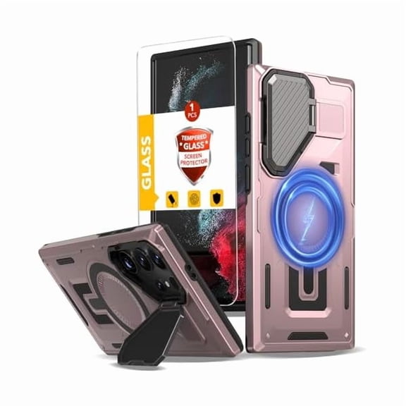 Saluqifa for Samsung Galaxy S22 Ultra Case Magnetic[Compatible with MagSafe Support Wireless Charger] Built-in Camera Cover Kickstand with Screen Protector,Full-Body Heavy Duty Protection Rose Gold