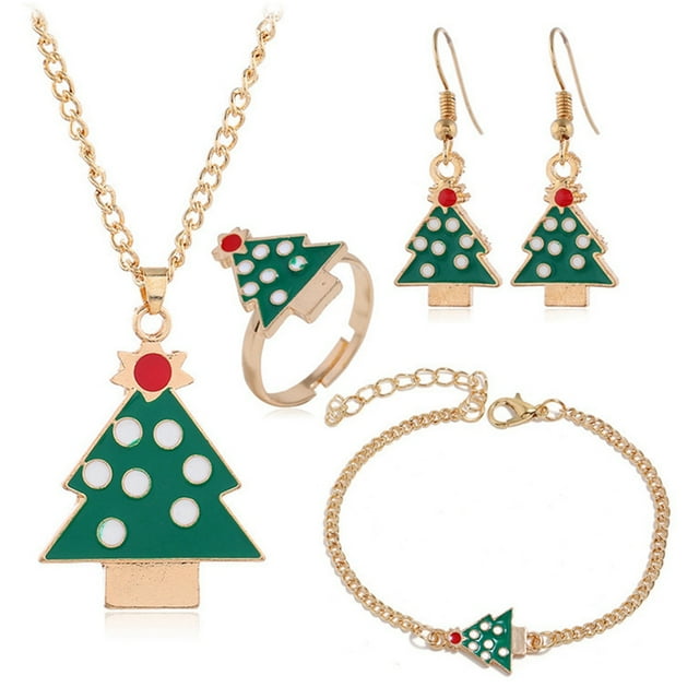 Christmas Jewelry Set Decorative Tree Finger Ring Drop Earrings with Necklace