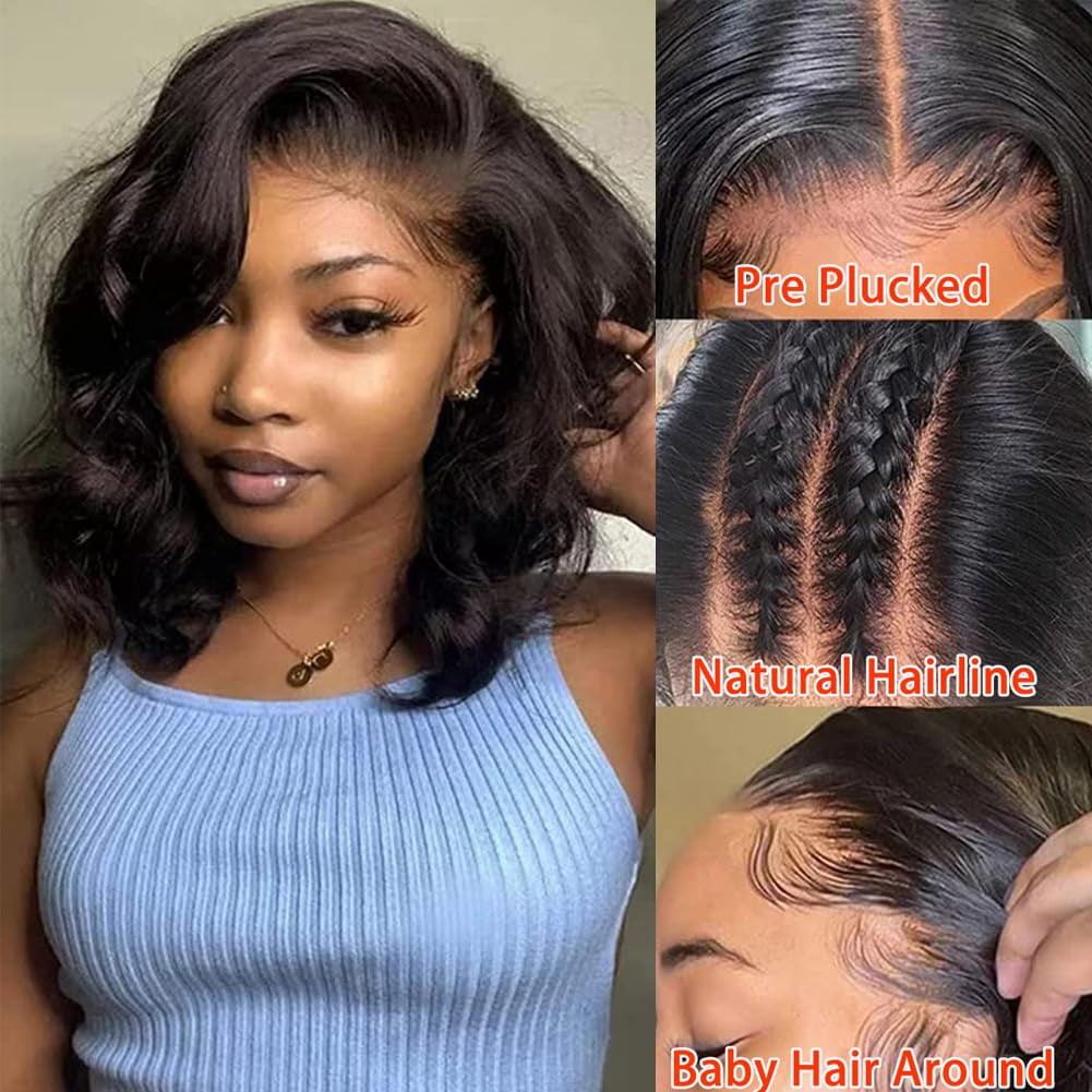 Short Body Wigs for Black Women Human Hair Pre Plucked Glueless Body Wave Lace Front Wigs Human Hair with Baby Hair 13x4 HD Transparent Lace Frontal Wigs with Natural Hairline 14 Inch