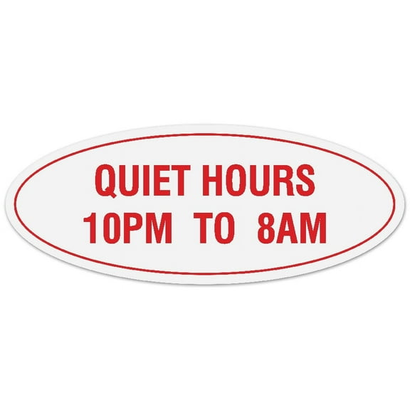 Signs ByLITA Oval Quiet Hours 10PM to 8AM Sign - Laser-Engraved Lettering | Durable ABS Plastic | Vibrant Colors | Powerful Foam Tape (White/Red) - Large
