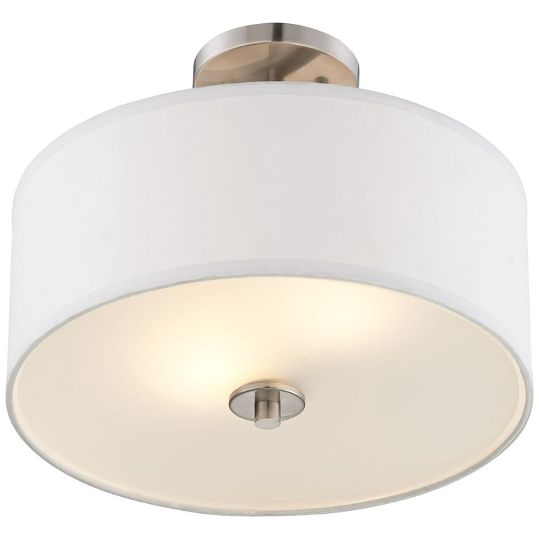 Possini Euro Design Halsted Modern Close to Ceiling Light Semi Flush Mount  Fixture 15 Wide Brushed Nickel Silver White Linen Drum Shade for Bedroom