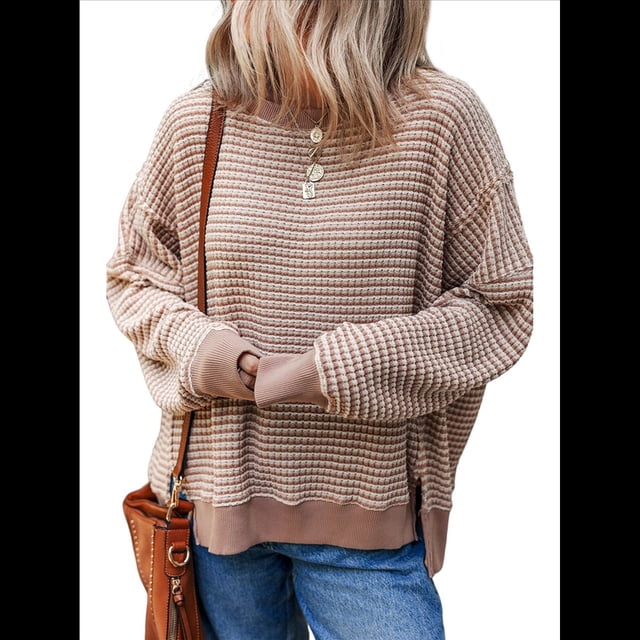 Sudadera Holgada de Otoño para Mujer, Informal, de Punto A Rayas, Larga, Cuello Redondo, Abertura, Tipo Túnica Albaricoque XL