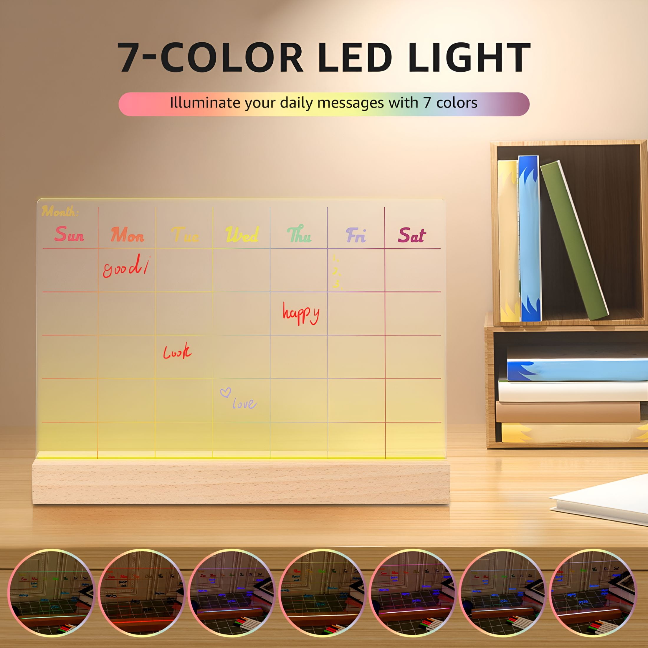 CCOCC 2026 New Dry Erase Calendar Reusable Acrylic Desk Calendar with Wood Base Light Up Dry Erase Board for Office Home Bedroom Holiday