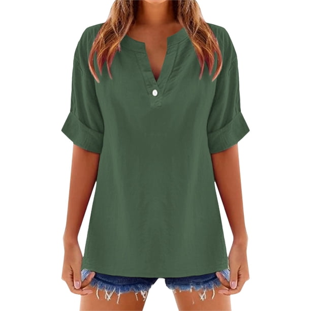 Blusa de mujer de color liso con cuello en V y manga corta de mezcla de lino: top informal elegante y cómodo con tejido transpirable y diseño clásico con cuello en V