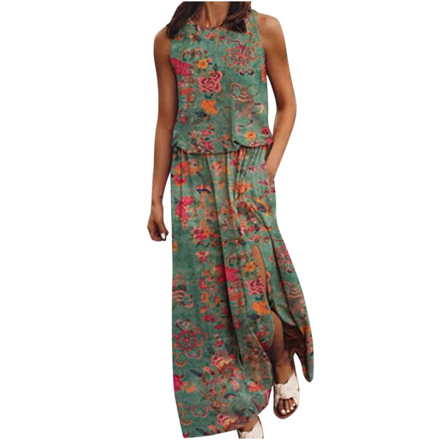 Vestido largo de chaleco de mujer con cuello redondo suelto de retazos estampado sin mangas Sexy a la moda para mujer Pompotops ghjkhdj1366