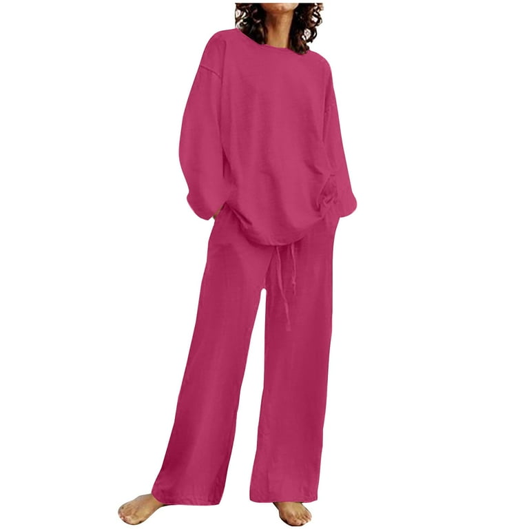 BAKUNE Warm Long Sleeve & Pants Set Lピンク 2 Piece Sets for Women Summer Long Sleeve Cotton Linen Set