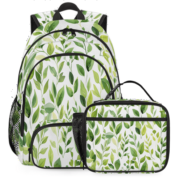 Herdesigns Green Cute Floral Large Backpack Set with Lunch Box Lightweight Water Resistant Travel Laptop Backpacks Casual Daypacks for Women Men