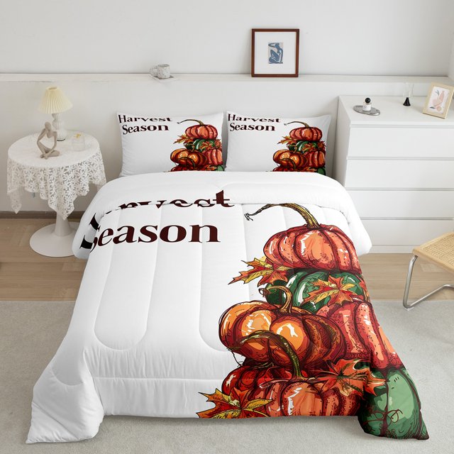 YST Literie Citrouille Format Grand Lit pour Enfants Garçons Filles Ensemble de Douillette d'Halloween, Ensembles de Literie Douillette Saison des Récoltes d'Automne Ensemble de Courtepointe Vert Orange Plante Botanique Couette Matelassée, Microfibre