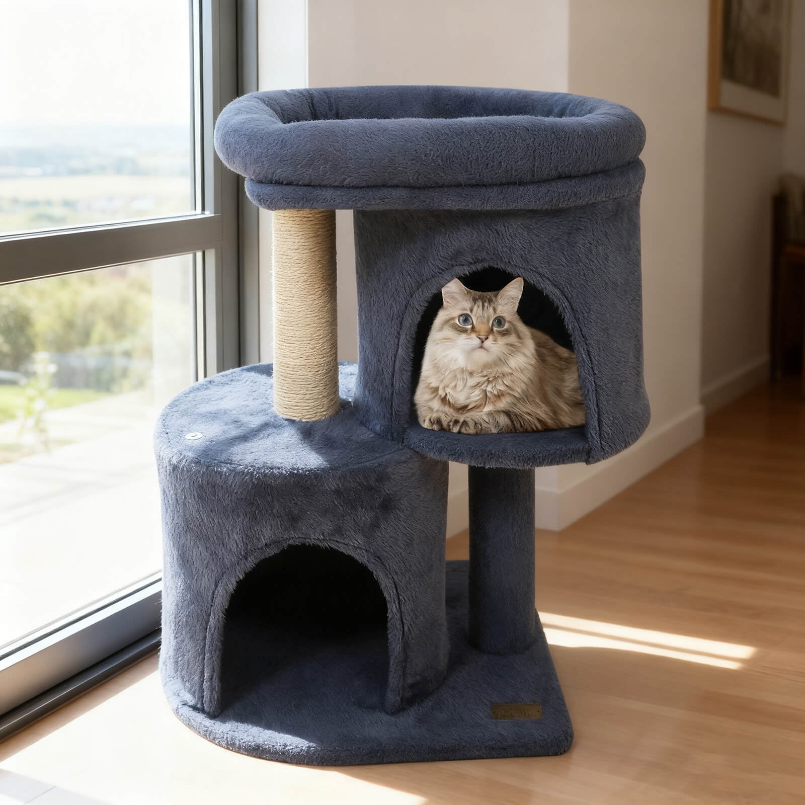 Costway 26” Small Cat Tree with Large Padded Plush Perch, 2 Condos, Sisal Scratching Posts Dark Gray