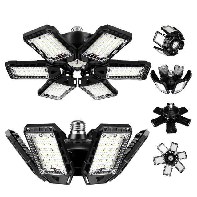 Dopwii Bombillas LED para garaje (paquete de 2), 180 W, 18 000 lm, 6500 K, para taller, con 6 paneles deformables y 1 para techo de sótano y granero, compatibles con E26/E27. (2)