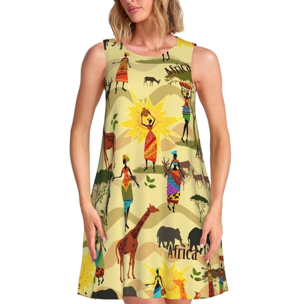 Fotbe Ethnic African Vestido de Verano sin Mangas para Mujer – Vestido Midi Línea A, Estilo Camiseta Floral, Vestido Playero Casual y Fluido