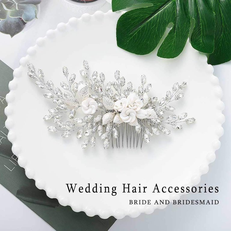 Jeairts Rhinestone Bride Wedding Hair Comb Flower Bridal Hair Pieces Leaf  Side Combs Headpiece Crystal Wedding Hair Jewelry Accessories for Women and 