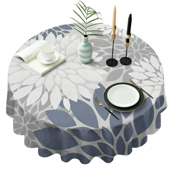 Blue Floral and Petal Pattern Round Tablecloth 60"x60",Wrinkle Wipeable Table Cloth for Kitchen Dining Room Picnic Patio Party