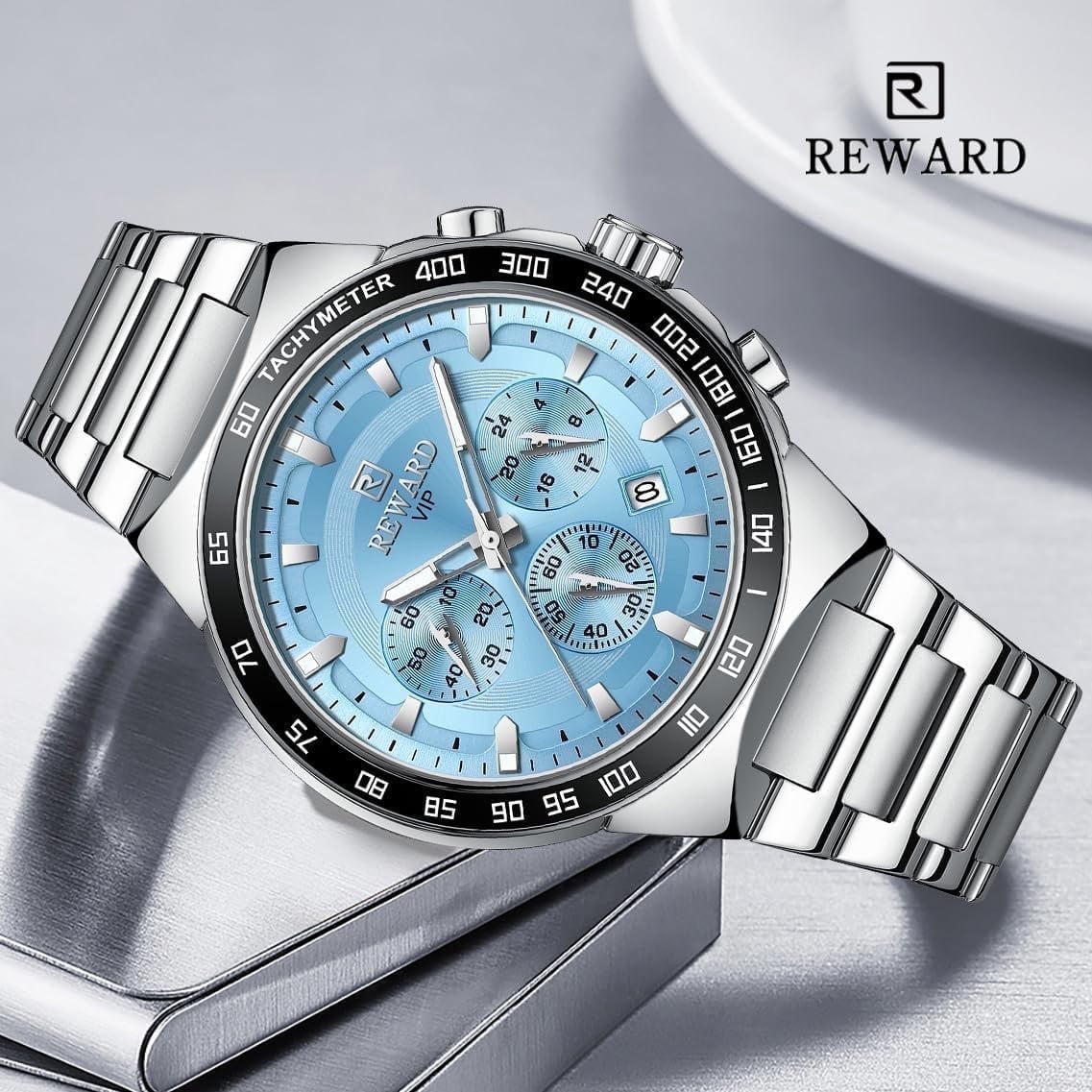 REWARD Men’s Chronograph Quartz Watch, Silver Stainless Steel Bracelet, Ice‑Blue Dial, Tachymeter Bezel, Luminous Hands, Date Display, Waterproof Business Sports Wrist Watch for Men