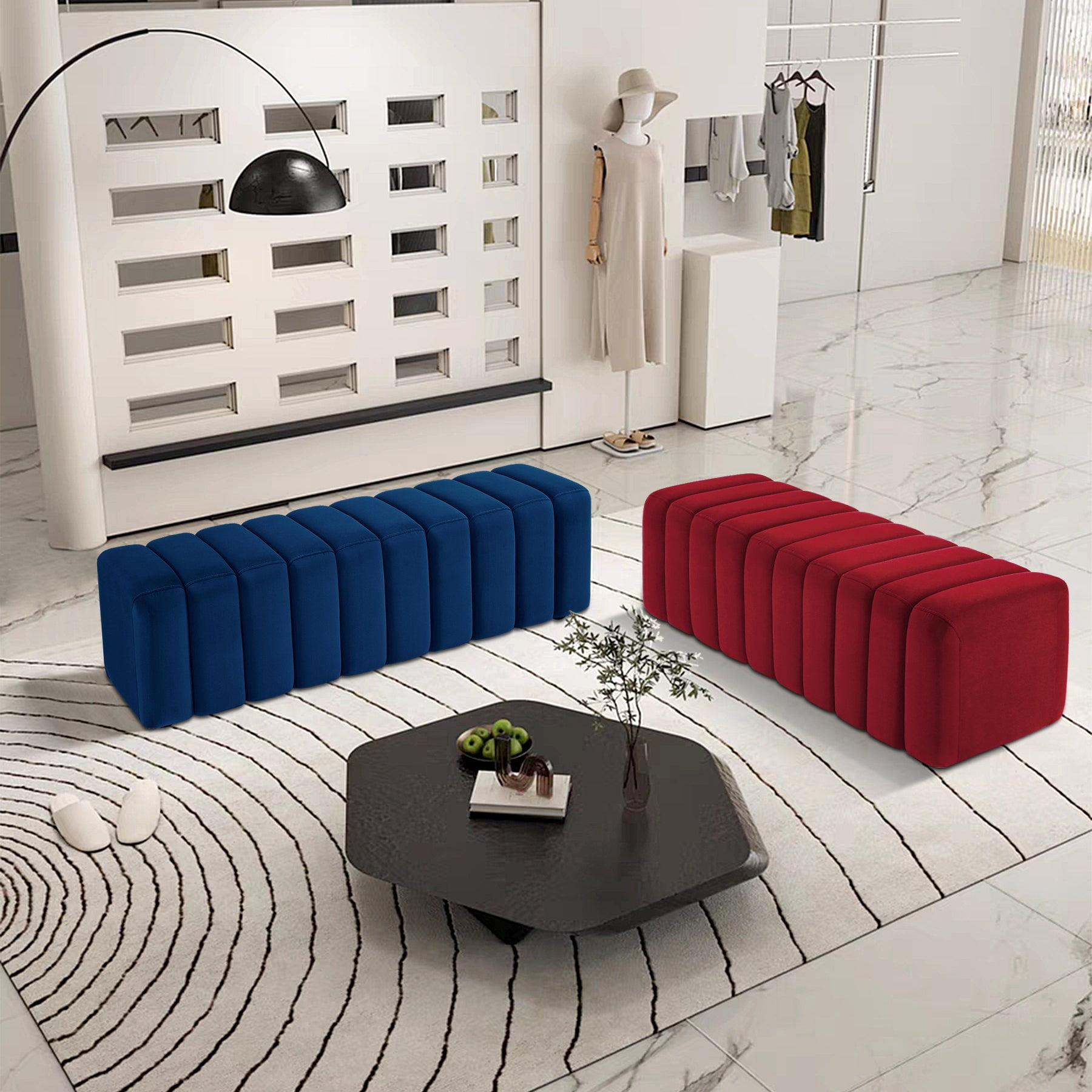 MCombo Waiting Room Benches, Guest Reception Lobby Chairs for Salon, Velvet Upholstered Ottoman for Bedroom Entryway 4698 (Blue)