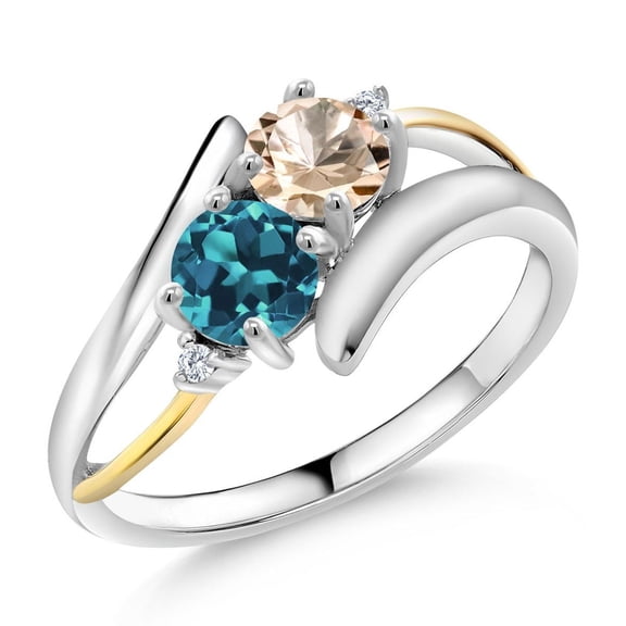 Gem Stone King 1.12 Ct Peach Morganite London Blue Topaz 925 Silver and 10K Yellow Gold Lab Grown Diamond Two Stone Crossover Ring (Size 9)