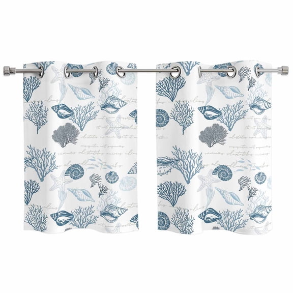 2 Panels Kitchen Tier Curtains 39 Inch Length, Coastal Blue Grommets Window Treatment Curtain, Retro Ocean Coral Shell Starfish Seahorse Thermal Curtains Drapes for Living Room/Bathroom