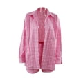 thumbnail image 2 of 2 Pieces Suit Set, Female Striped/ Plaid Turn-Down Collar Long Sleeve Shirt+ Short Pants for Summer, S/M/L/XL, 2 of 7