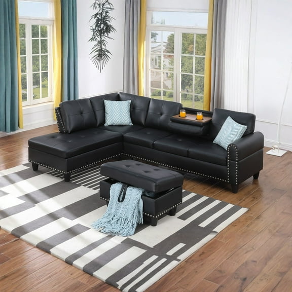 Hommoo L-Shaped Faux Leather Upholstered Sectional Sofa with Storage and Cup Holders, Living Room Furniture Set Sofa Set with Ottoman, Black