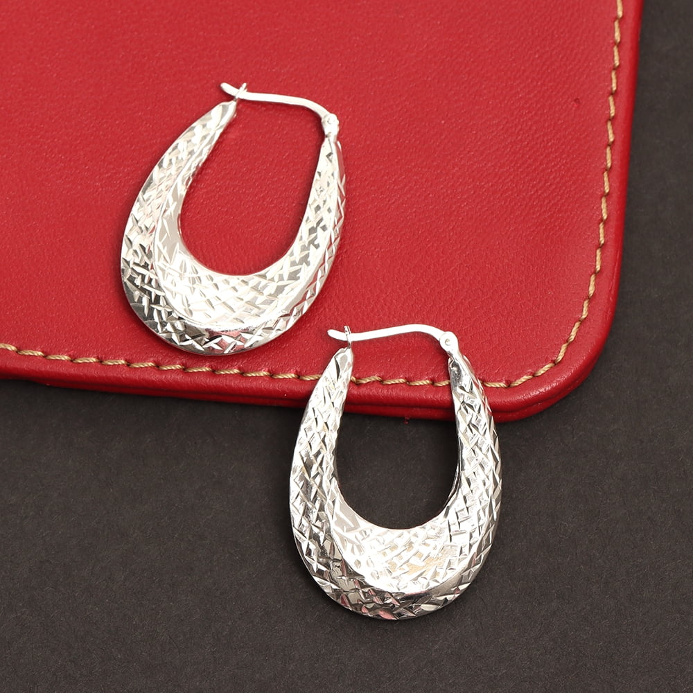 LeCalla 925 Sterling Silver Light-Weight Diamond Cut Hypoallergenic Click Top Oval Hoop Earrings for Women and Teen 35MM