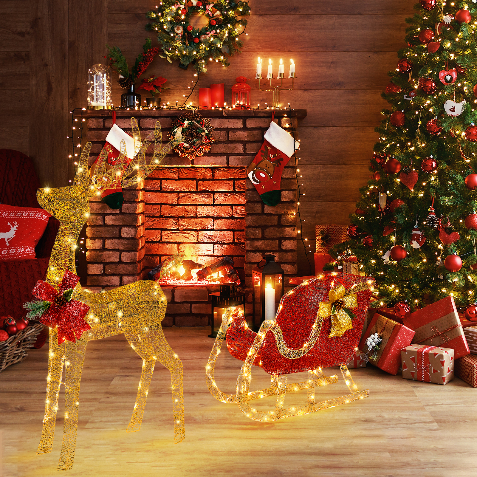 Zimtown Christmas Reindeer Set Outdoor Yard Decoration 4ft Reindeer & Sleigh LED Lights - Golden - image 3 of 9