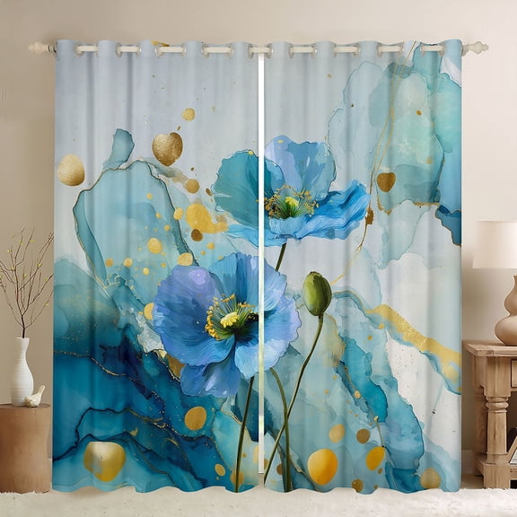 Homewish Blue Flower Floral Black Out Curtains for Women, Fashion Marble Artwork Curtains Pack of 2 (42x63 Each), Splash Watercolor Bedroom Curtains, Curtains and Drapes Decor