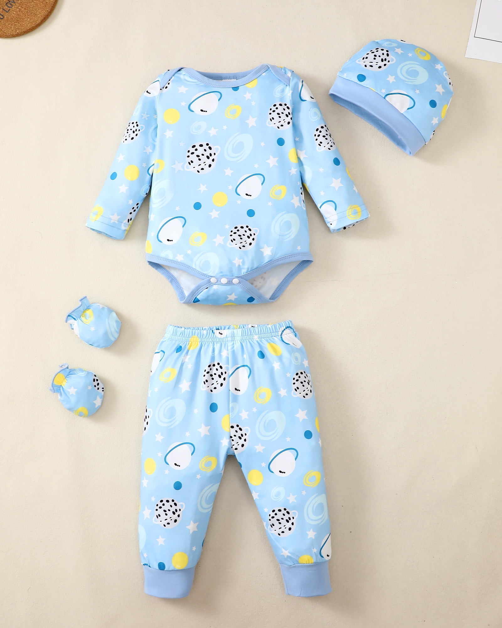 KIMI BEAR Newborn Baby Boys layette set 3-6 Months Romper Pants Set Hat 4-Pack Outfits Long Sleeves Top Gloves 16pcs Winter Clothes Baby Shower Gifts Blue