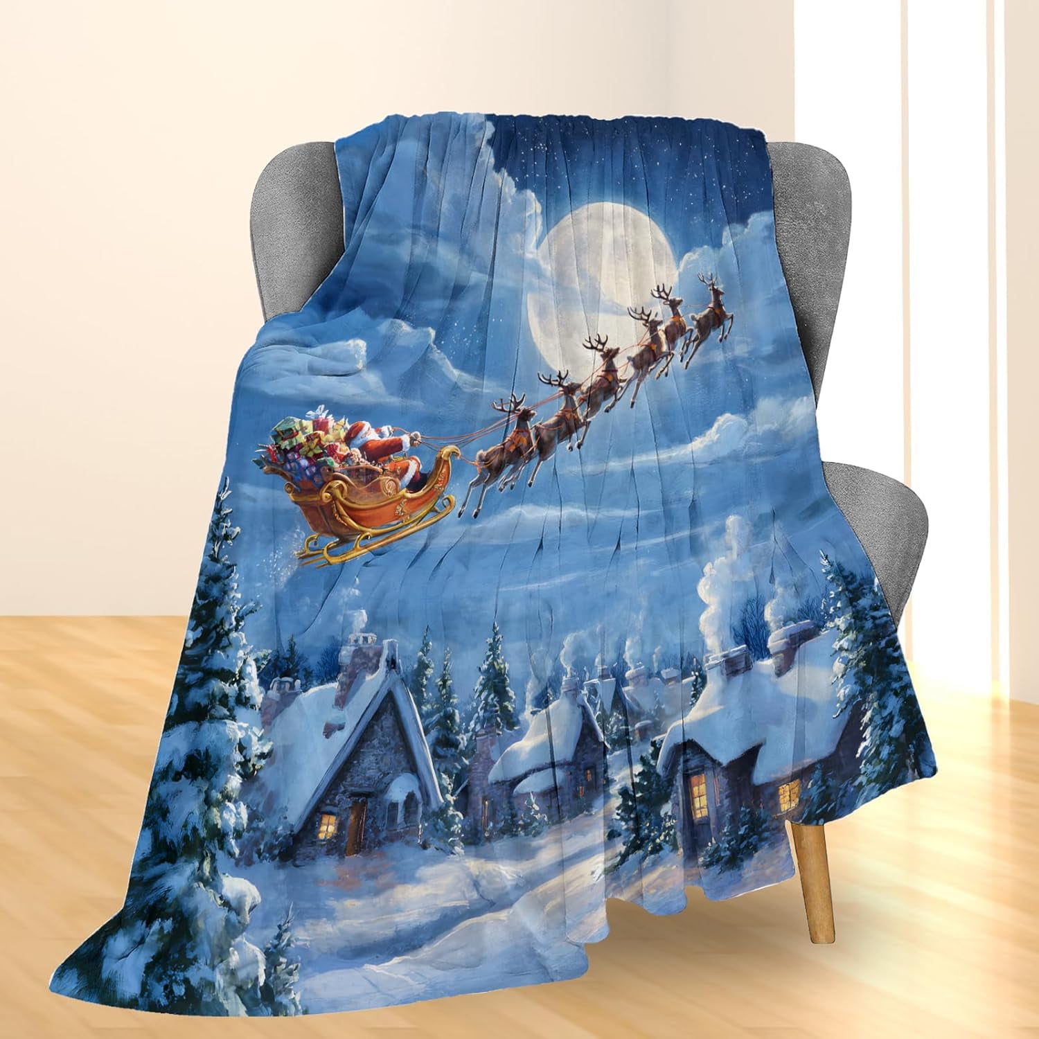 Christmas Santa Sleigh Ride Blanket, Soft Lightweight Flannel Reindeer Flying Blanket for Couch, Bed, Travel & Home Decor Gifts, Cozy Warm Holiday Blankets for Adults Users Women Women 60×50 in