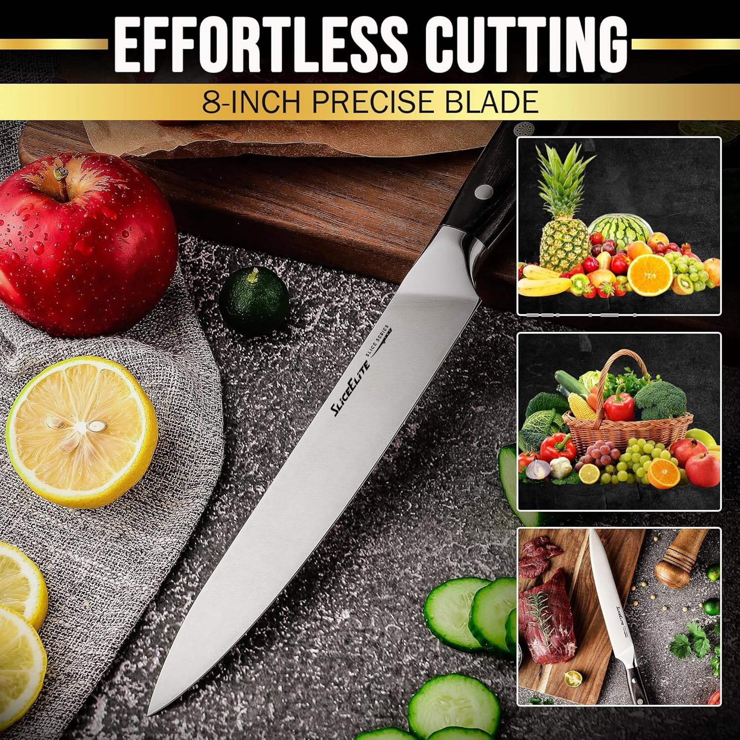 Slice Series 8-Inch Carving Knife - High Carbon German Steel Blade with Ergonomic Pakkawood Handle and Durable Polymer Sheath (Carving Knife with Leather Sheath)