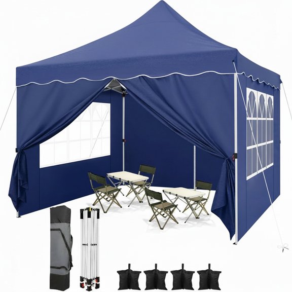HOTEEL 10x10 Pop Up Canopy , UPF 50  Easy Setup Canopy Tent Waterproof Outdoor Instant Portable Shelter with 4 Removable Sidewalls, Sandbags, Stakes & Ropes for Party, Events, Vendor, Dark Blue