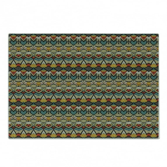 African Cutting Board, Complex Pattern of Triangles Half Circles and Zigzag Lines with Retro Grunge Look, Decorative Tempered Glass Cutting and Serving Board, Small Size, Multicolor, by Ambesonne