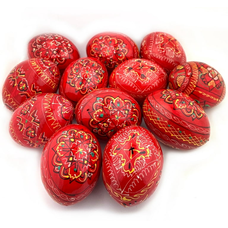 Wooden Eggs, Pysanky Design in red - pack of 6
