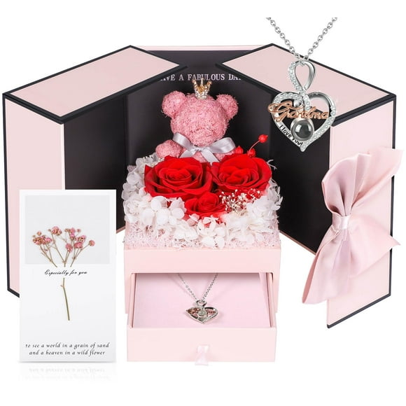 Set de regalo AddWel Preserved Real Roses con collar «I Love You»