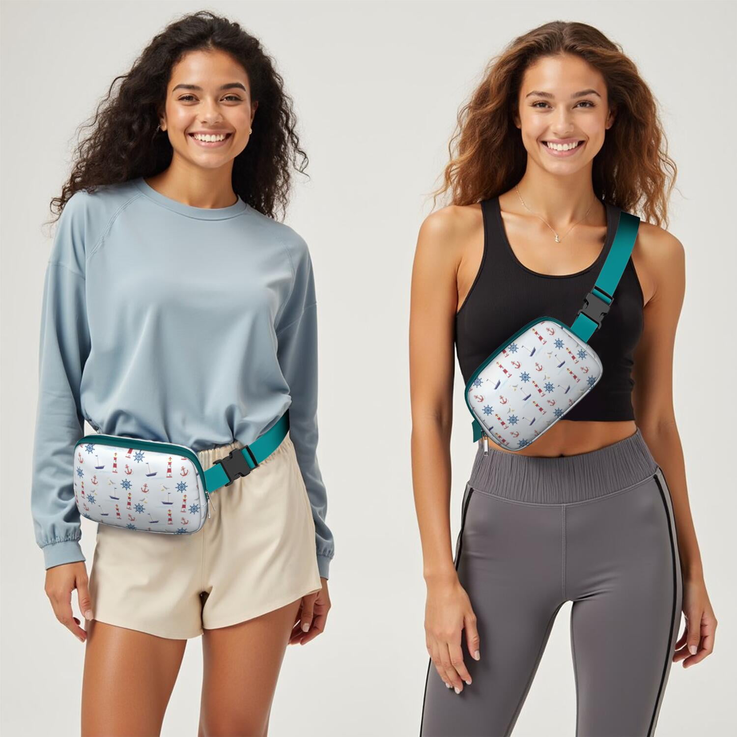 Marine Map Waist Bag – Nautical Travel Fanny Pack with Lighthouse, Anchor, Beacon & Coral Print, Great for Sailing & Coastal Getaways