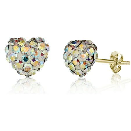 Pori Jewelers 14K Solid Gold Pave Ab Crystal Puff Heart Earrings Made Wswarovski Elements