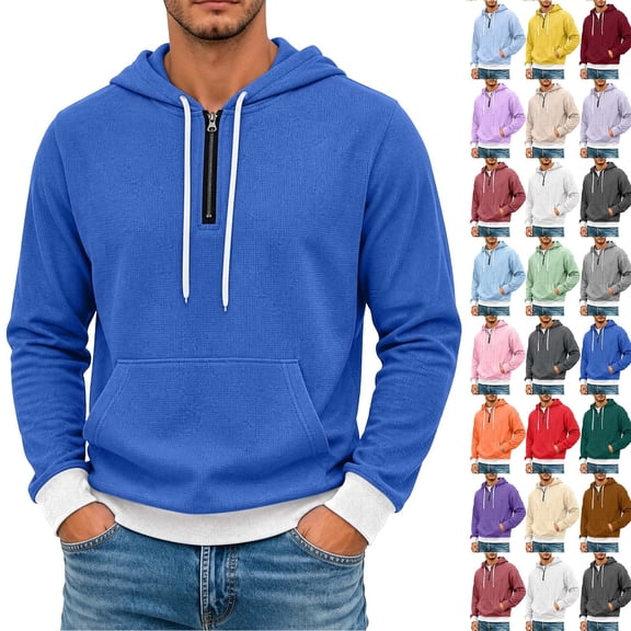 Fanshiluo Men's Waffle Quarter Zip Long Sleeve Pullover Hoodie,Contrast Color Hem Kangaroo Pocket Loose Fit Tops,L,Big and Tall Men