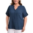 thumbnail image 1 of GRACE & GRANDEUR Camisas de Talla Grande para Mujeres con Cuello Mandarín, Escote en V, Manga Corta hasta el Codo, Blusas con Botones y Bolsillo 3X Azul Oscuro, 1 of 7