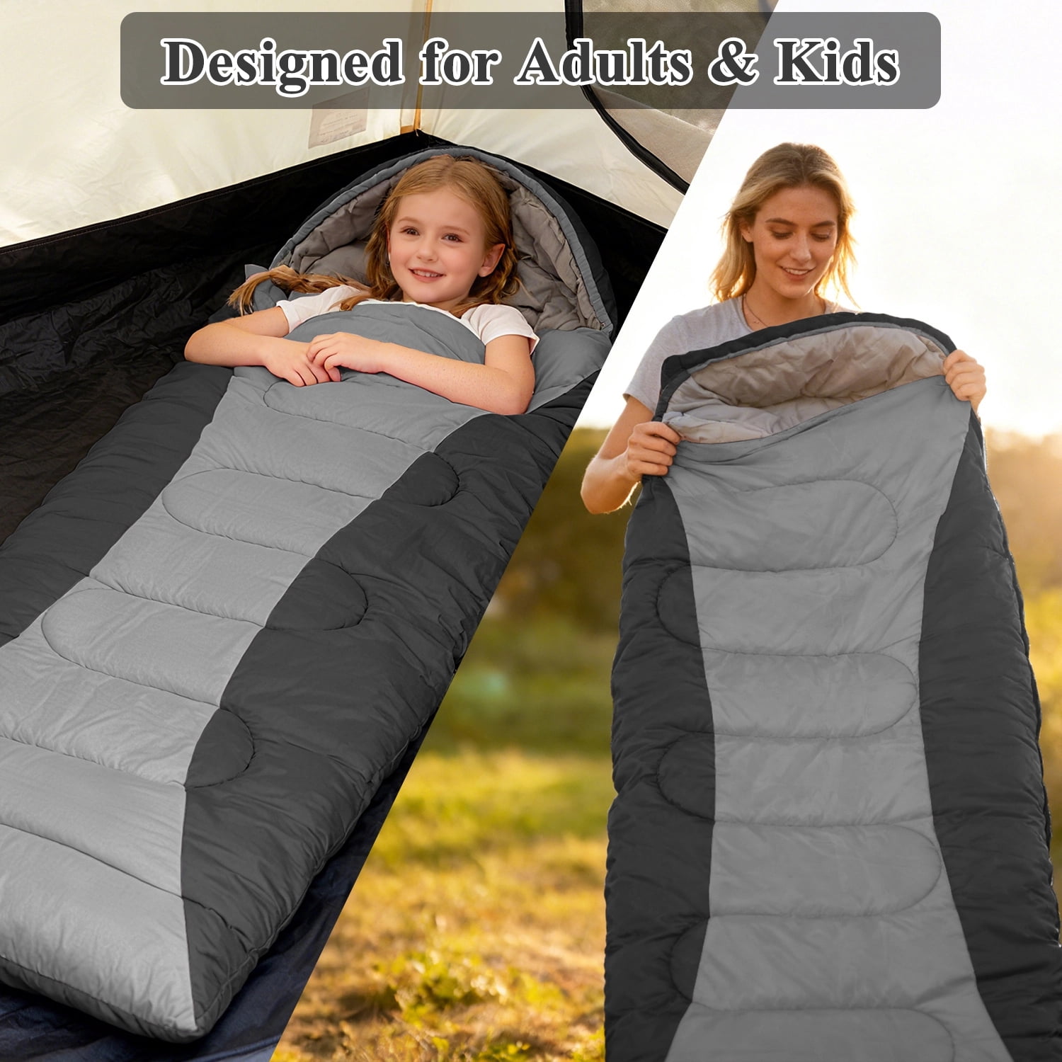 Teblint Camping Sleeping Bag for Adults Kids, 4-Season Cold Weather Sleeping Bag, Waterproof & Compression Sack Included, Camping Essentials Gear Accessories Hiking Sleep Must Haves (Black)
