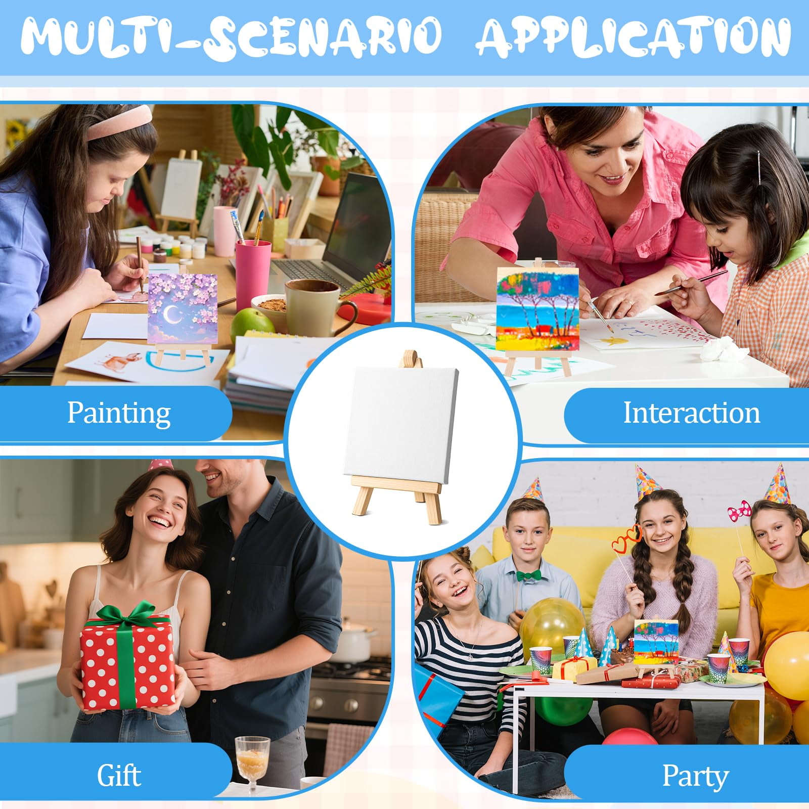 24 Pack Small Painting Canvas with Mini Easel, 4 x 4 Inch Mini Canvases with Easel Sets Art Canvases Painting Kit with Wood Display Easels for Adults & Kids Party Classroom Crafts
