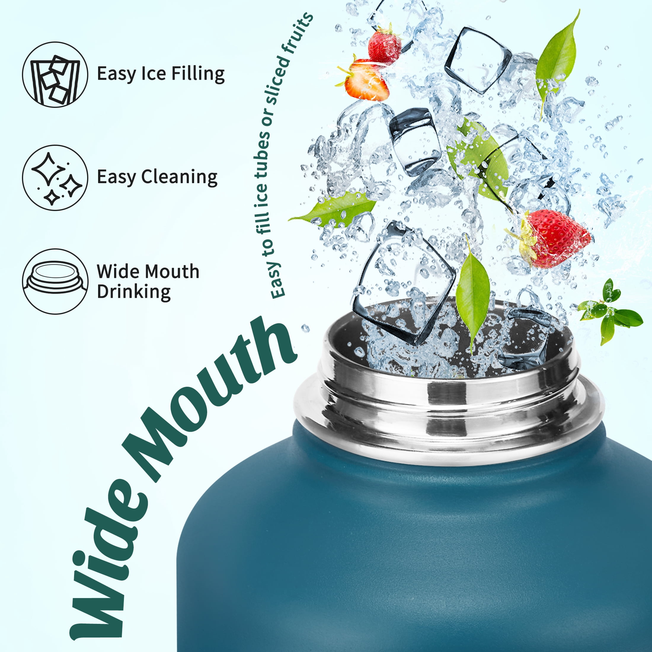 64OZ Insulated Water Bottle with Straw & Spout Lids, Half Gallon Water Jug Keeps Cold 48H & Hot 24H, Wide Mouth Leakproof Reusable Water Bottle, Black