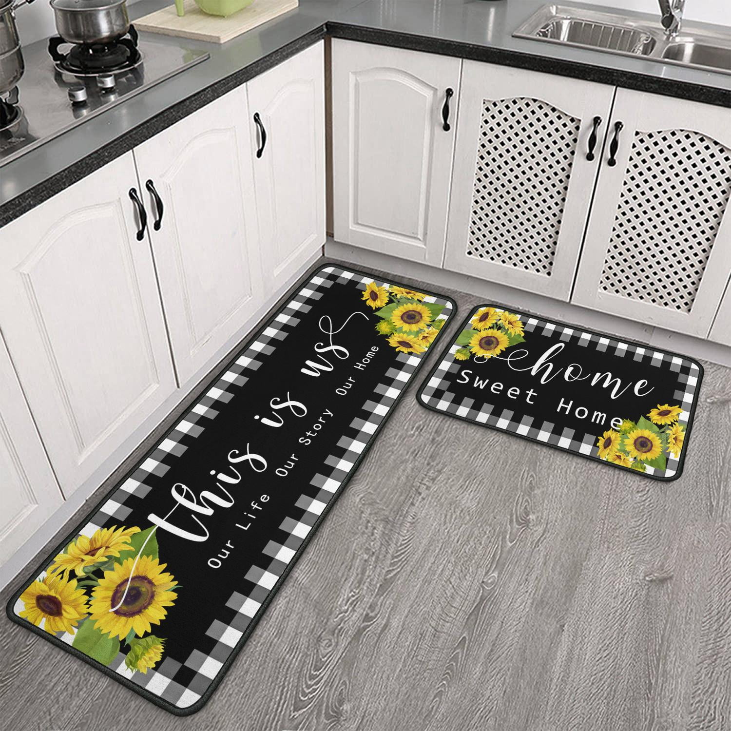 Sunflower Kitchen Rugs Set 2Pcs Non Skid Kitchen Floor Rug and Mat