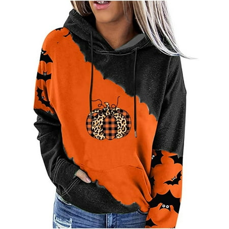 

jsaierl Halloween Sweatshirts for Women Plus-Size Hooded Loose Long Sleeve Blouse Long Sleeve Blouse Plus Size Tops
