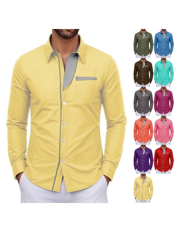 Men's Casual Button Down Dress Shirt Striped Contrast Trim Wrinkle Free Long Sleeve Shirts with Chest Pocket for Business Casual Travel, Yellow, L