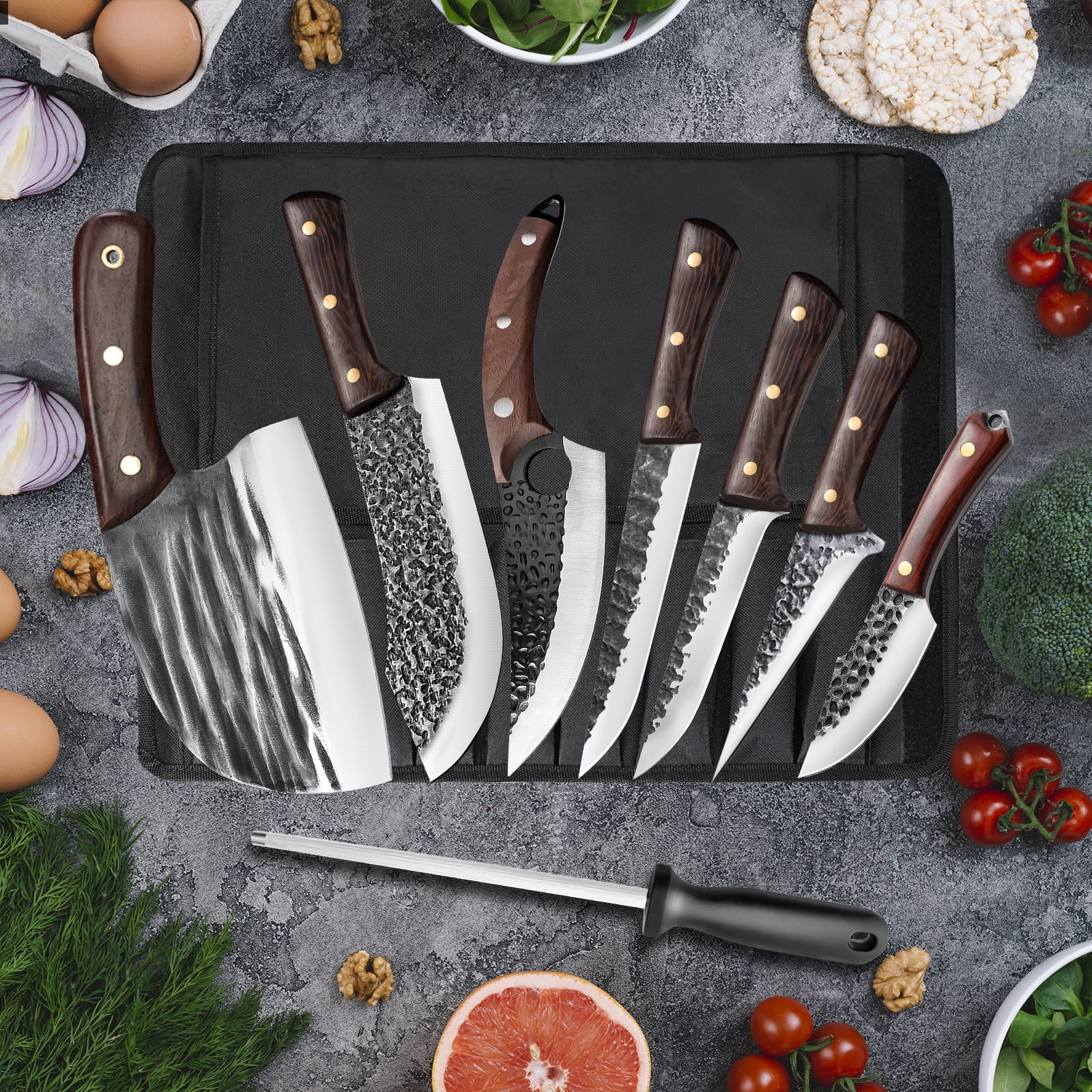 Chef Knife Set 8 PCS,DFITO High Carbon Steel Hand Forged Kitchen Knife Set with Roll Bag