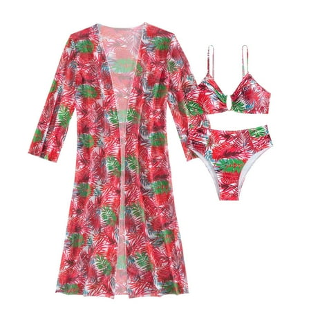 Wyobmus Women s 3 Piece Swimsuits Hawaiian Tropical Print Bikini Set Halter Drawstring Side Bathing Suits With Sunscreen Cover Up Containing Chest Pad A-Red
