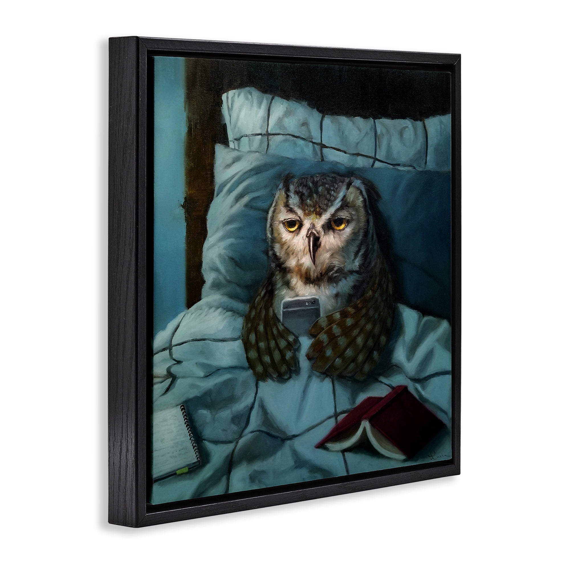Stupell Industries Night Owl on Phone Animals & Insects Painting Black Floater Framed Canvas Art Print Wall Art, 18 x 18