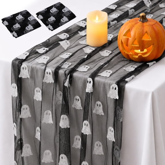 EBaokuup 2 Pack 120 x 29 inch Halloween Ghost Table Runner, Black Mesh Gauze Table Decor