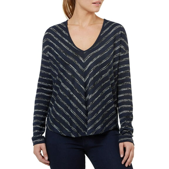 Numero Womens Knit Top Navy Small Striped Miter V-Neck   Blue S