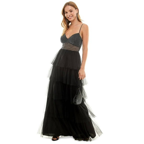 City Studios Juniors Black Lace-Up-Back Tiered Gown Dress