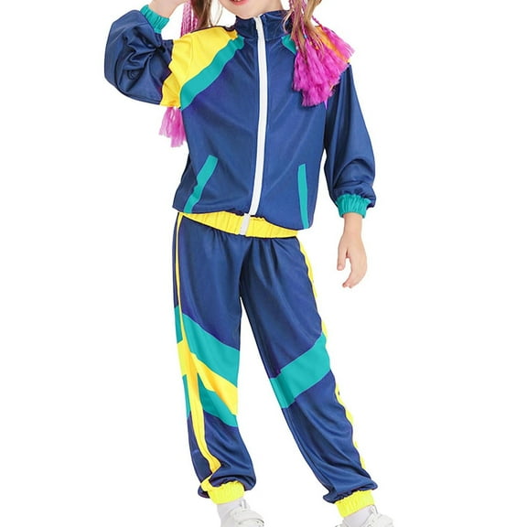 Wancir 80s Tracksuit Kids Vintage Hip Hop Costume Colorblock Windbreaker Set 2 Piece Sports Wear